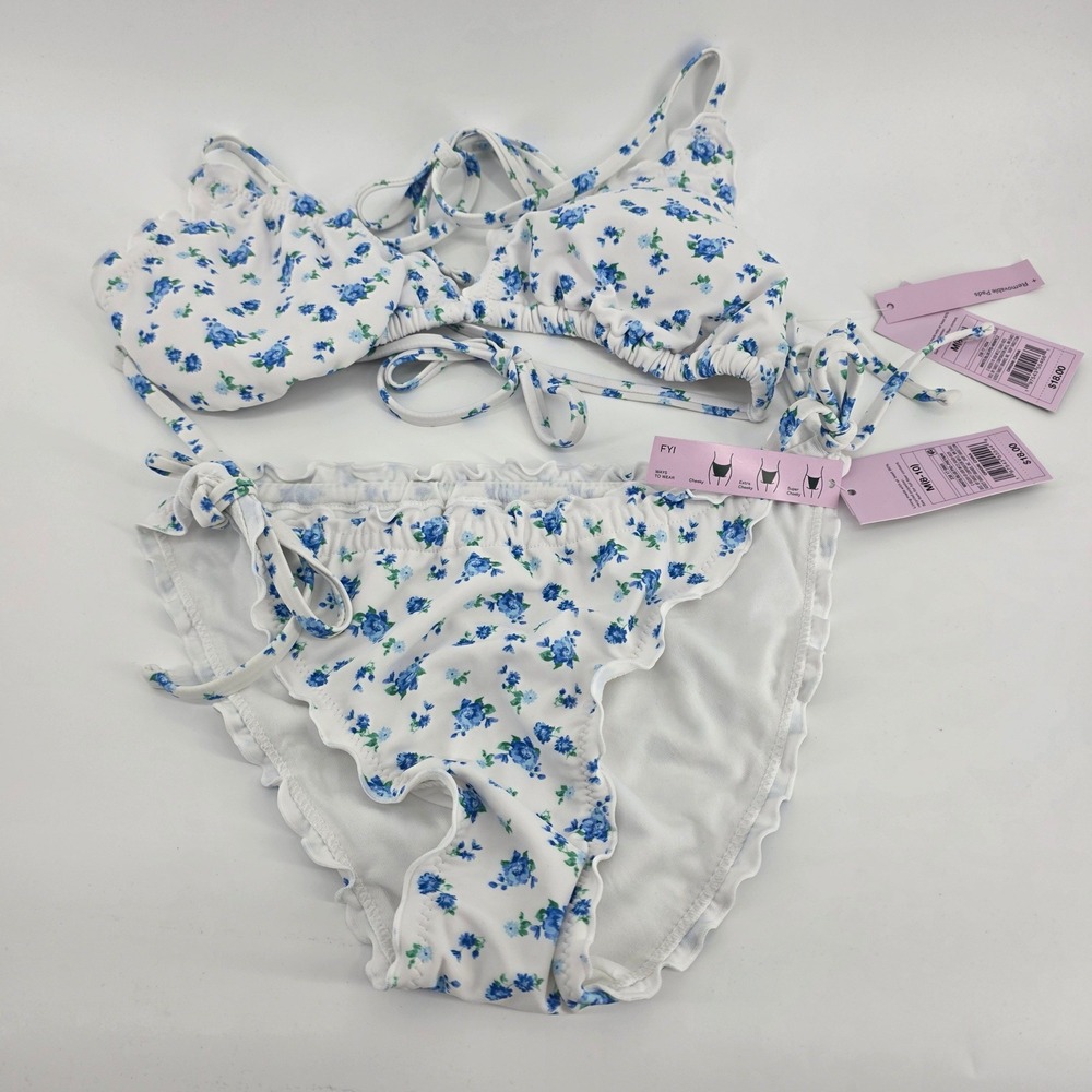 Wild Fable Blue Floral Bikini Set White Ruffle Trim 2 Piece Swimsuit Medium 687